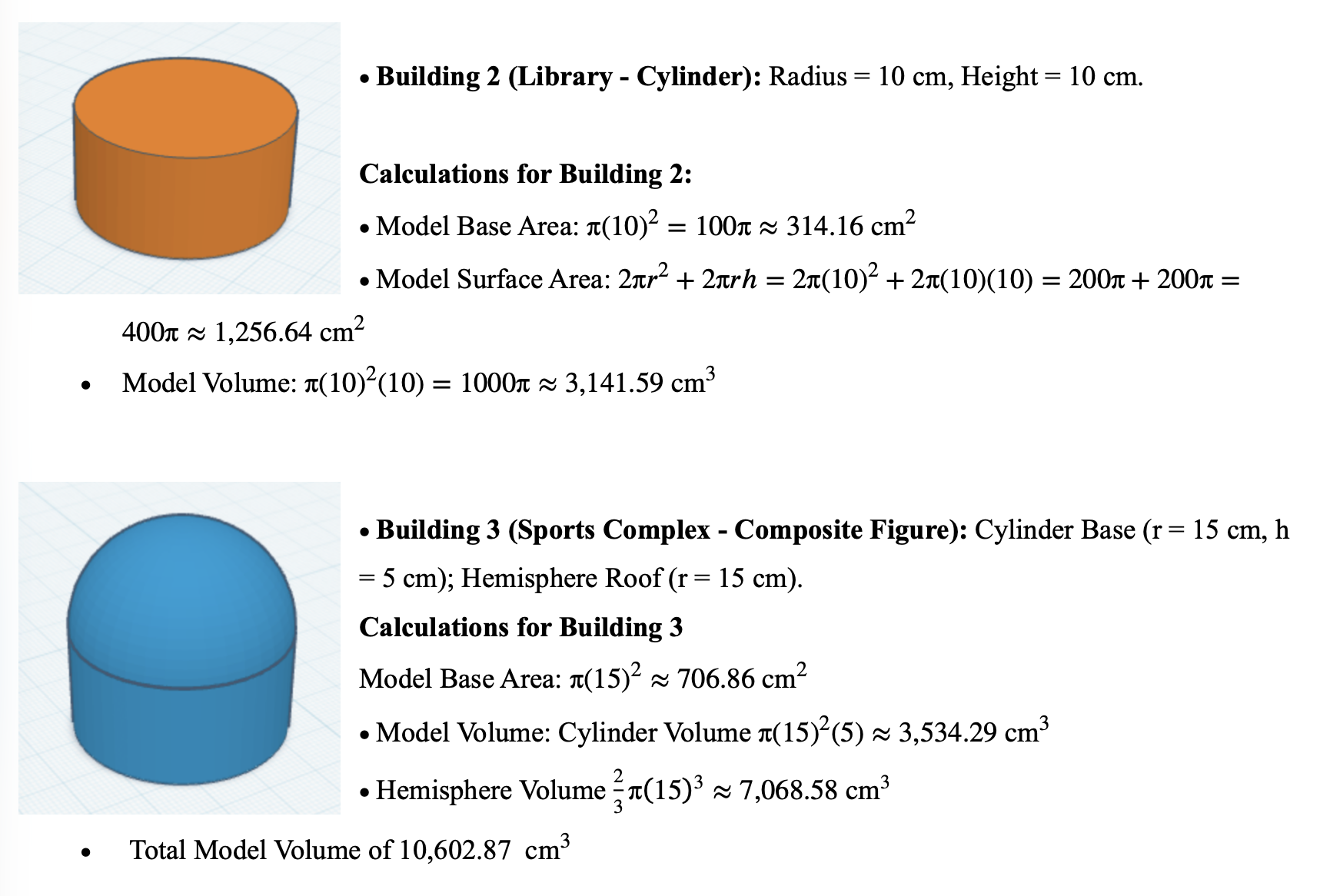 Mathematical calculations for 3D school model buildings including surface area and volume