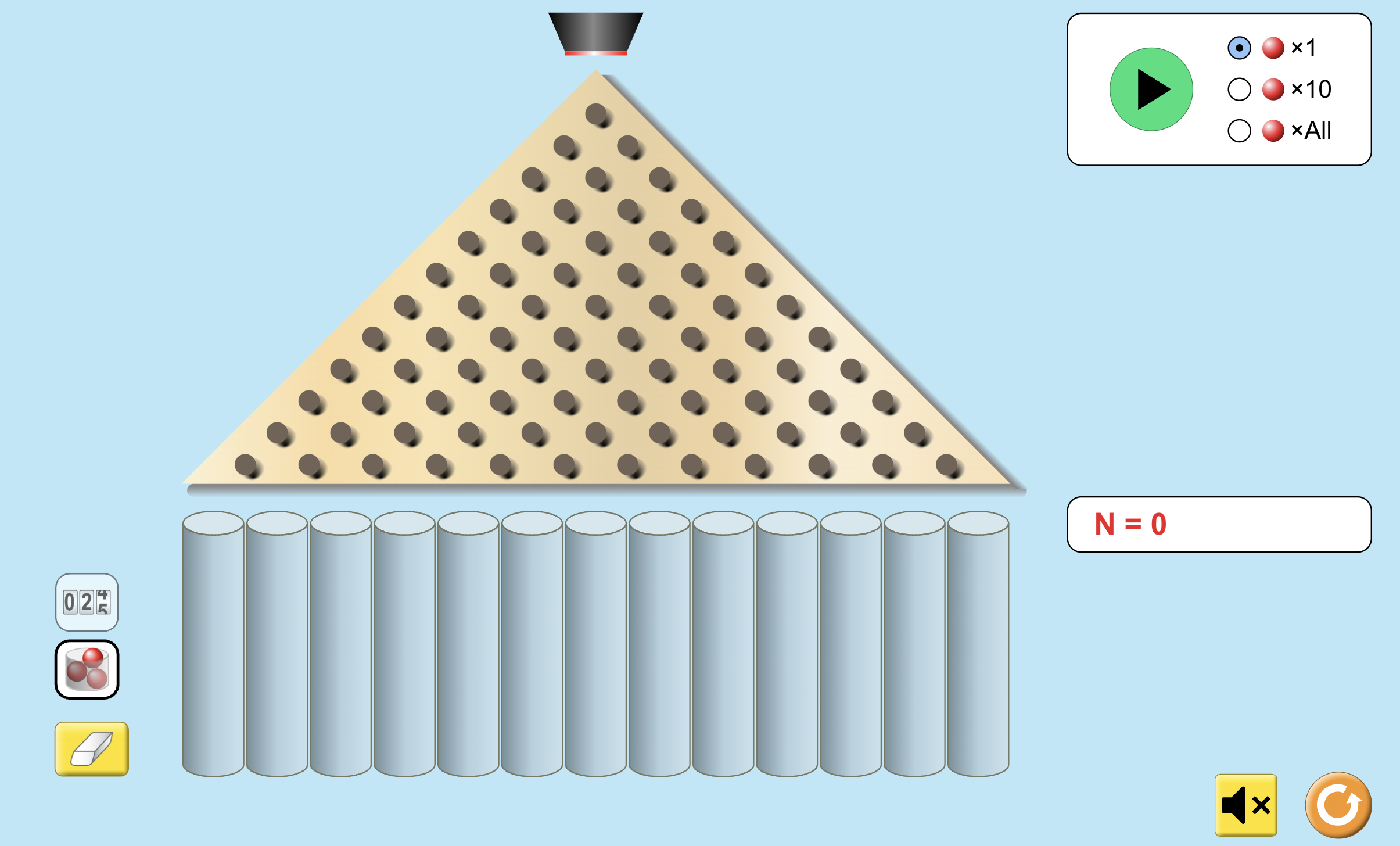 PhET Plinko Probability simulation showing a Galton board with balls dropping through pegs