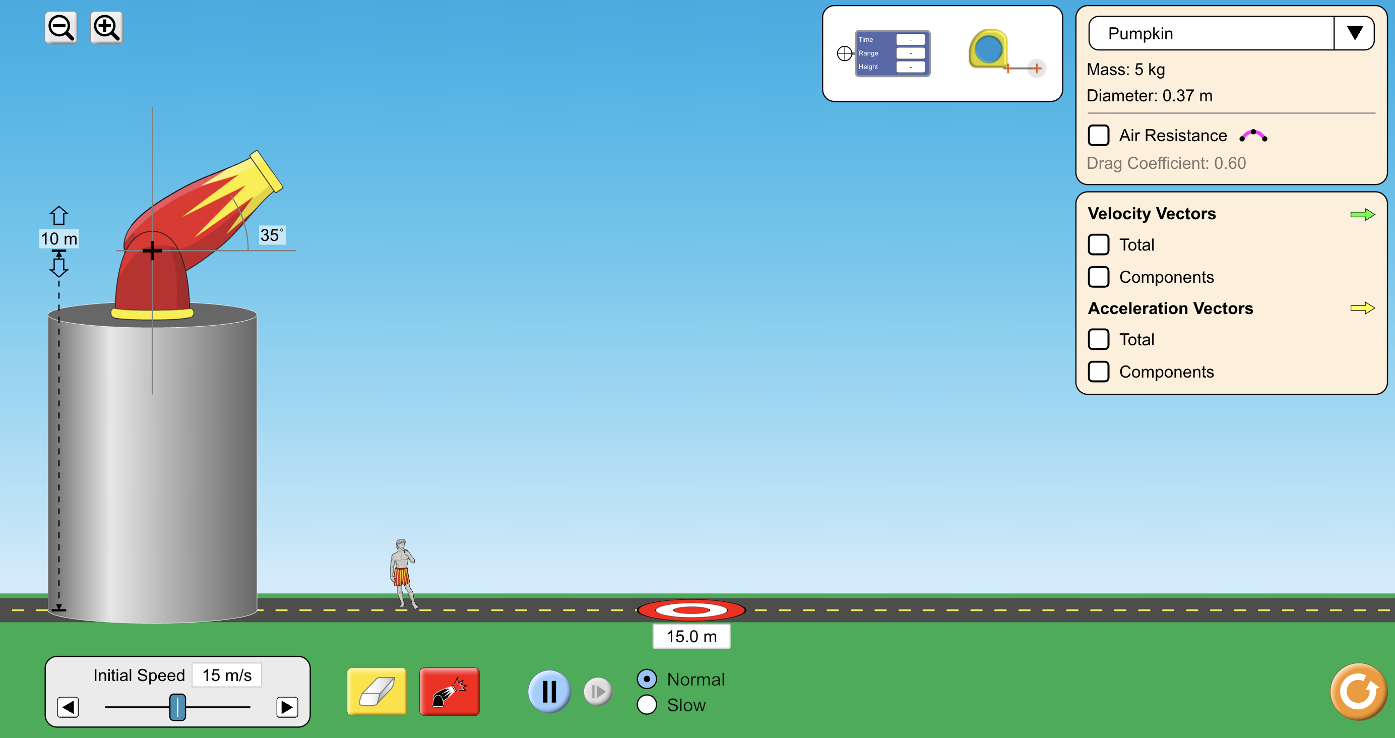 PhET Projectile Motion simulation showing a cannon launching a pumpkin