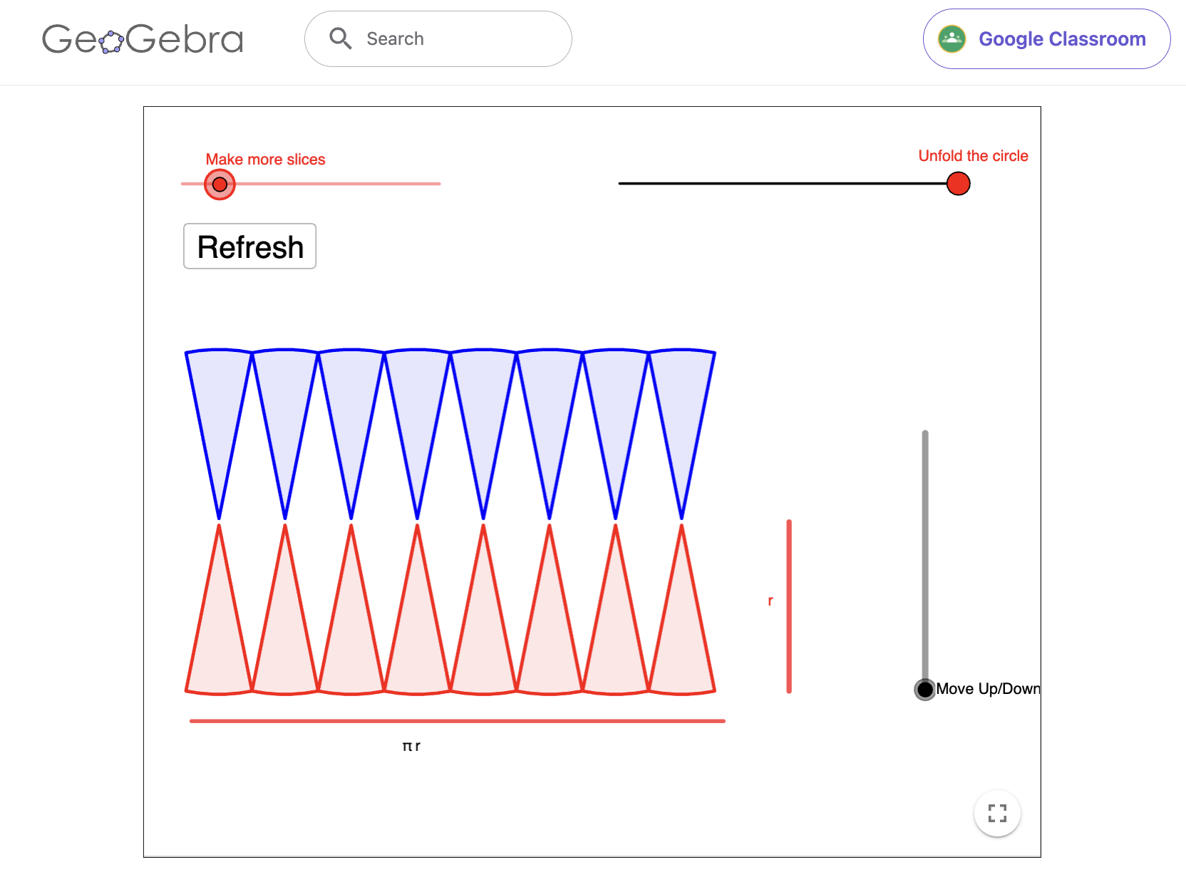 GeoGebra applet showing a circle divided into sectors and unfolded to demonstrate the area formula