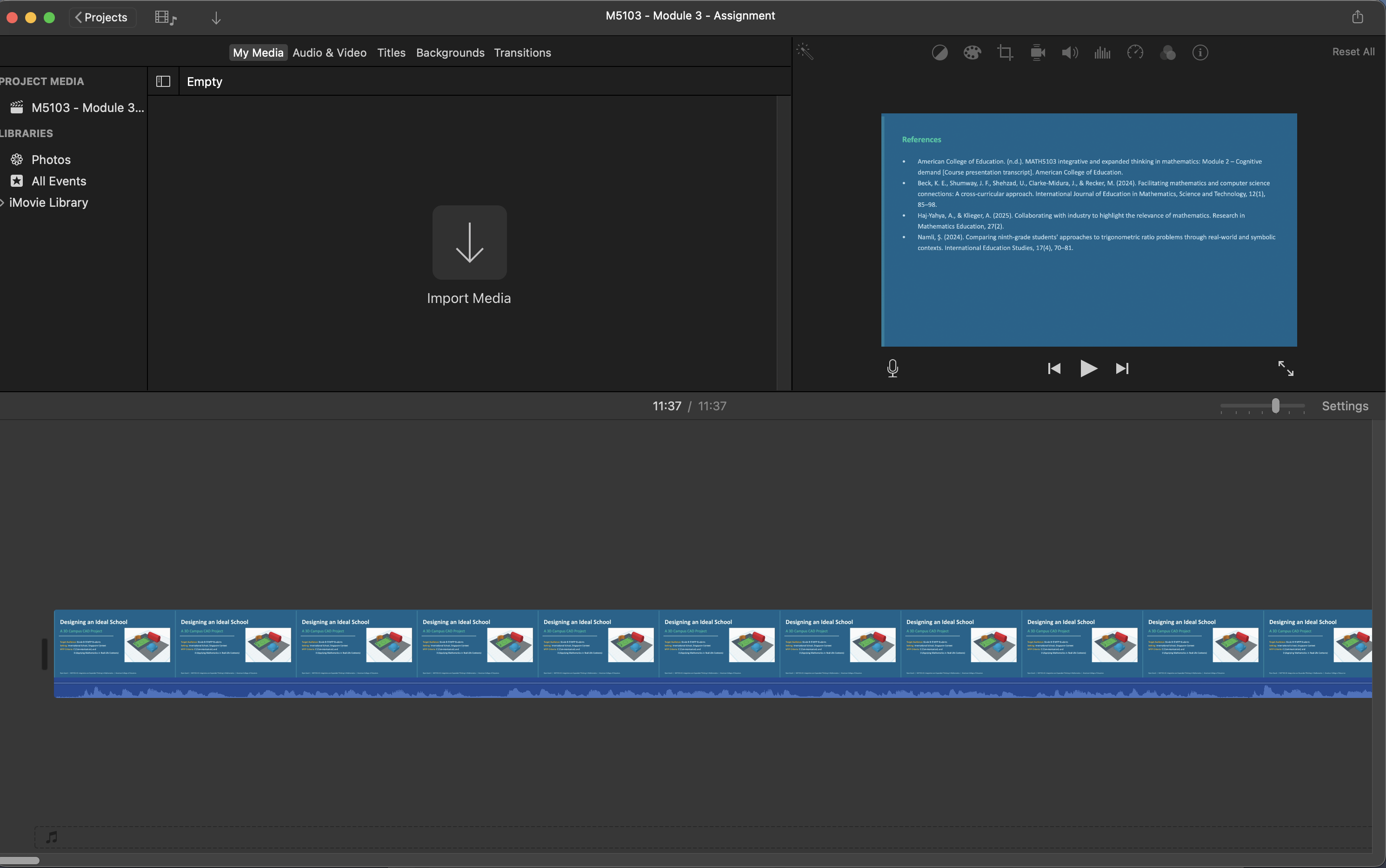 iMovie editing interface showing a mathematics revision video project in progress